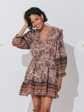 Cleobella Reign Mini Dress Small Paisley Metallic Thread Pockets Boho Organic